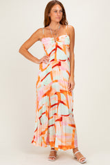 Multicolor Pleated Halter Cutout Maxi Dress