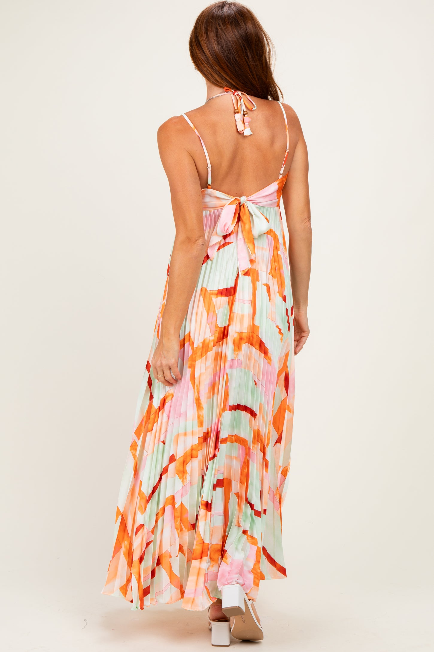 Multicolor Pleated Halter Cutout Maxi Dress