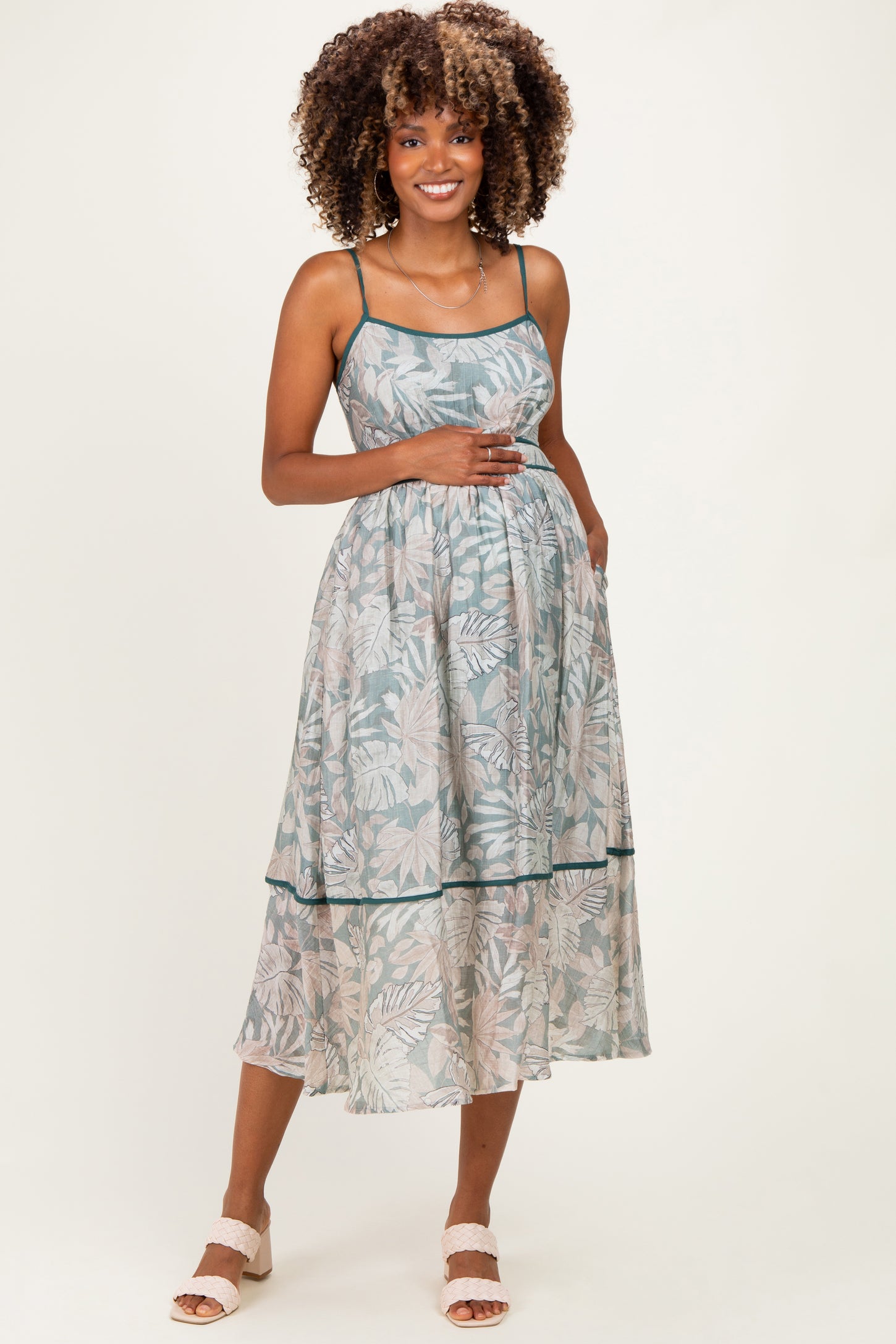 Dark Green Printed Cutout Tie Back Maternity Midi Dress