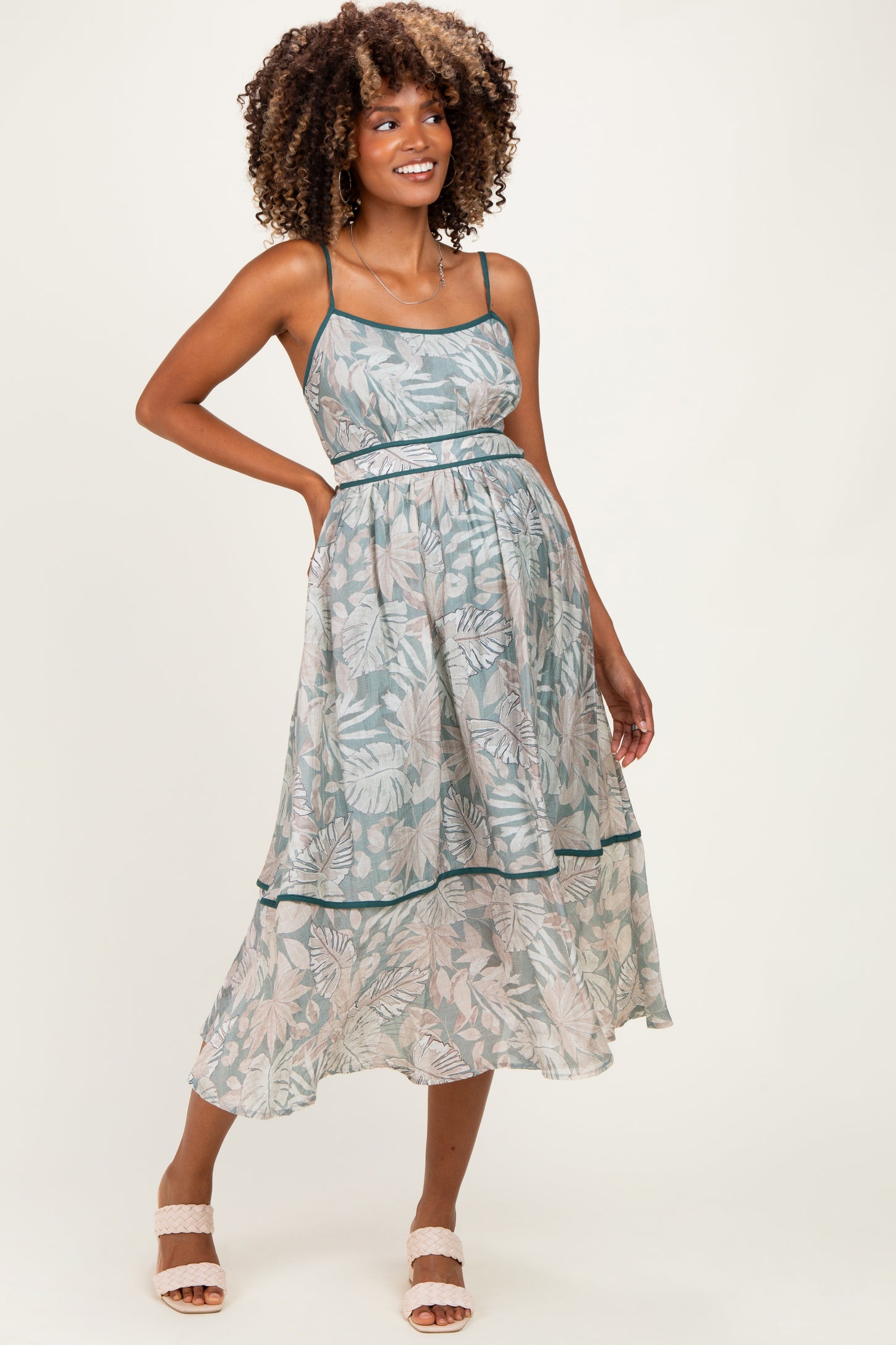 Dark Green Printed Cutout Tie Back Maternity Midi Dress