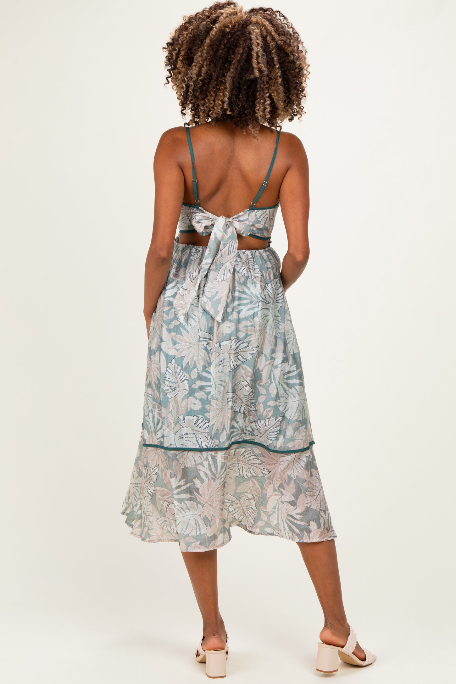 Dark Green Printed Cutout Tie Back Maternity Midi Dress