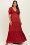Brick V-Neck Smocked Tiered Maternity Maxi Dresses