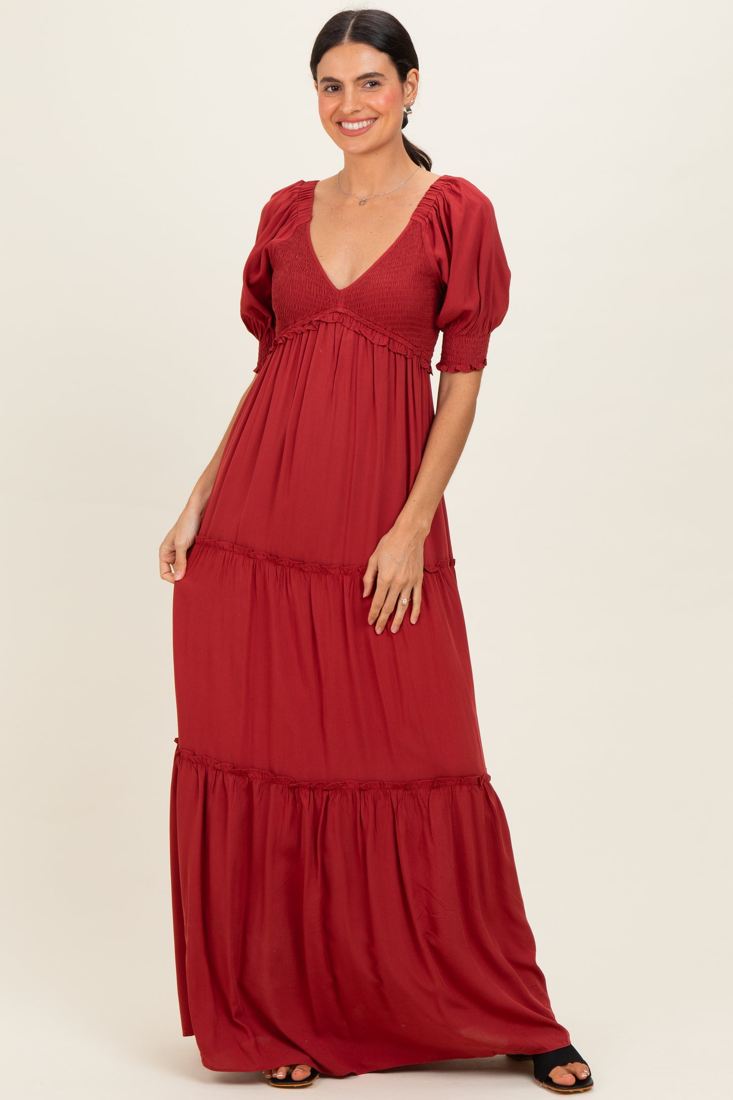 Brick V-Neck Smocked Tiered Maternity Maxi Dresses