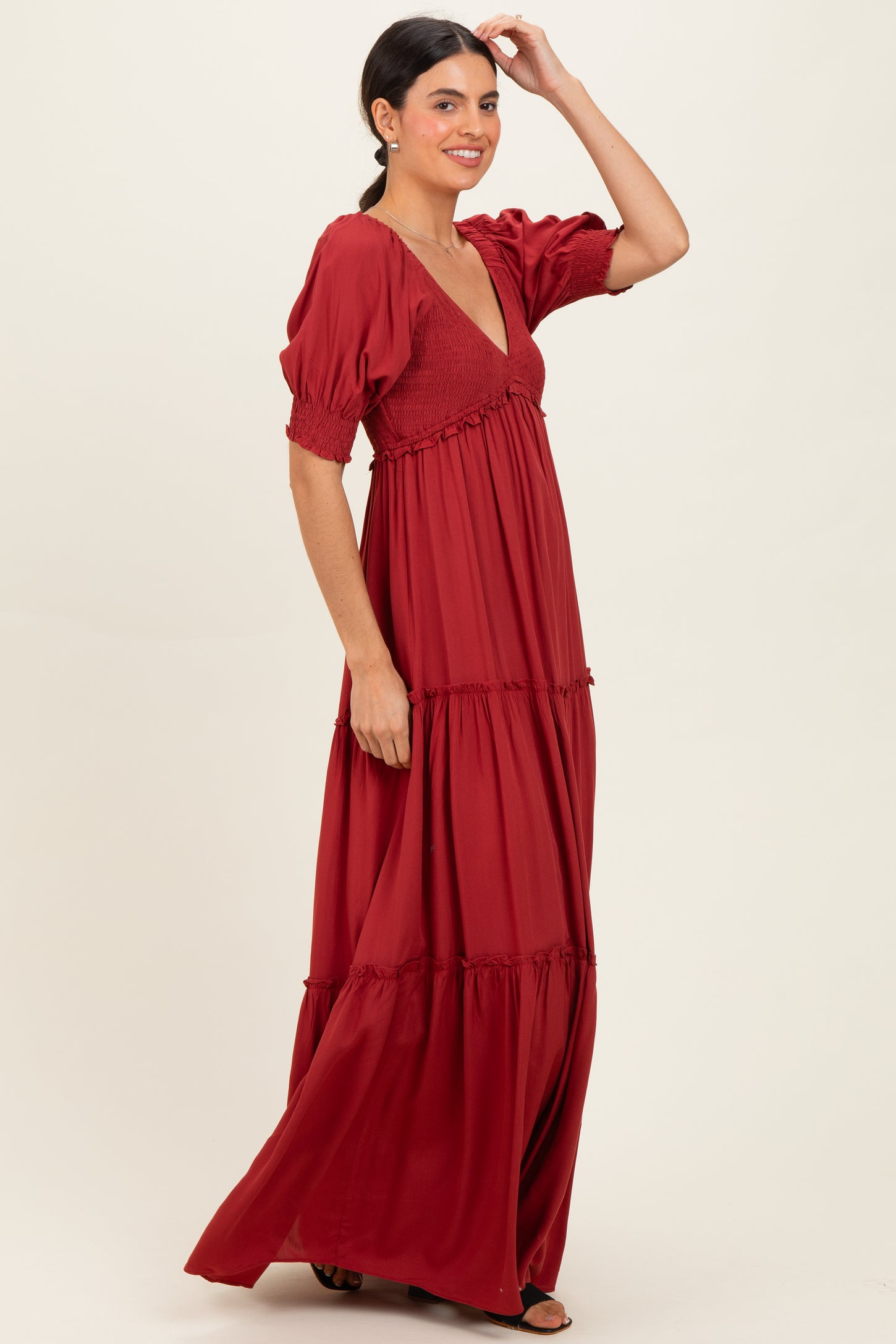 Brick V-Neck Smocked Tiered Maxi Dresses