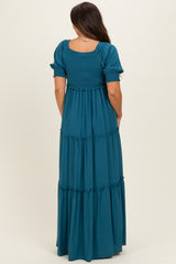 Teal V-Neck Smocked Tiered Maternity Maxi Dresses
