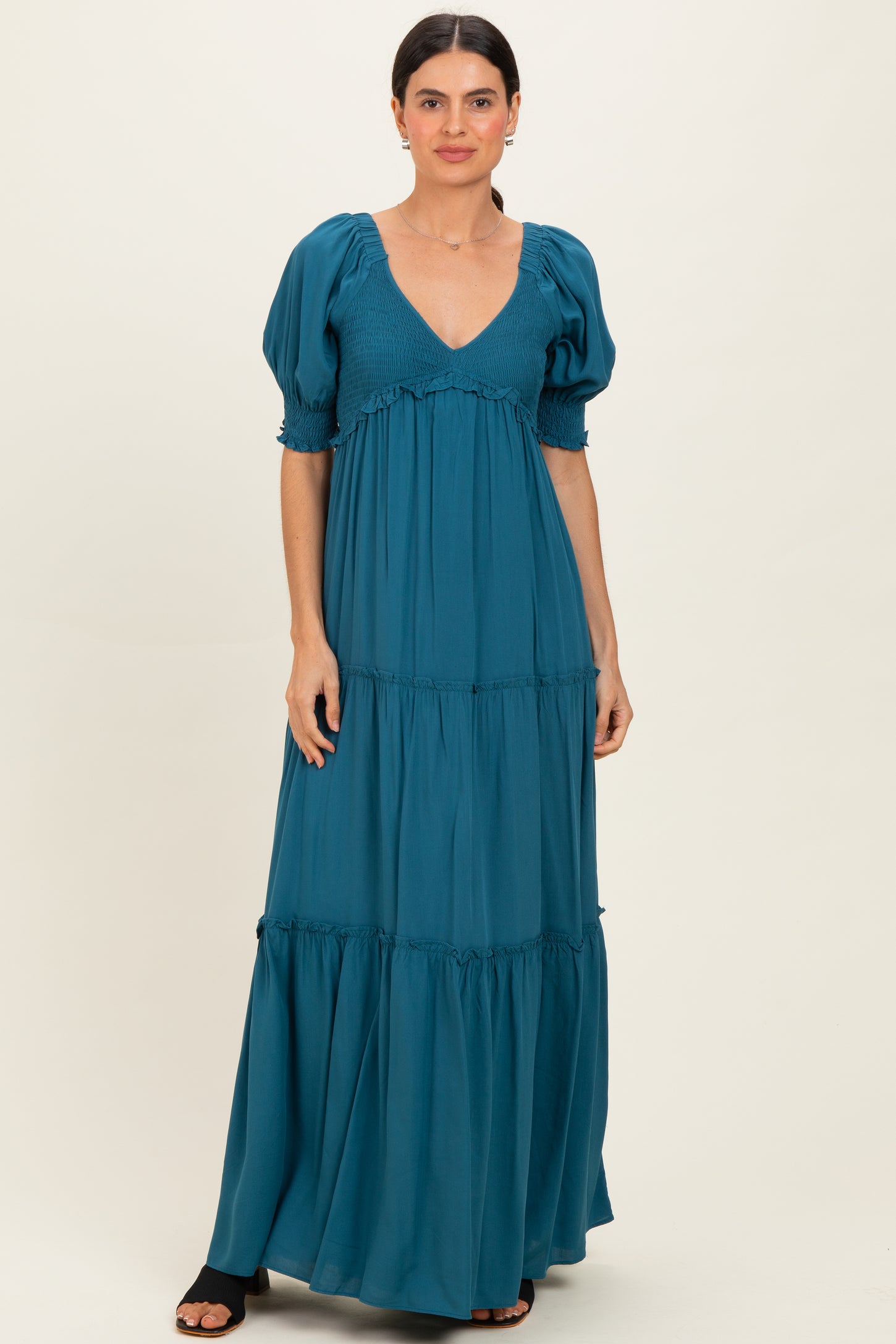 Teal V-Neck Smocked Tiered Maternity Maxi Dresses