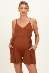 Brown Ribbed Knit Babydoll Maternity Romper