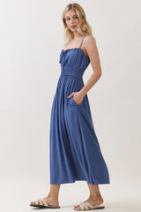Denim Blue Solid Smocked Maxi Dress