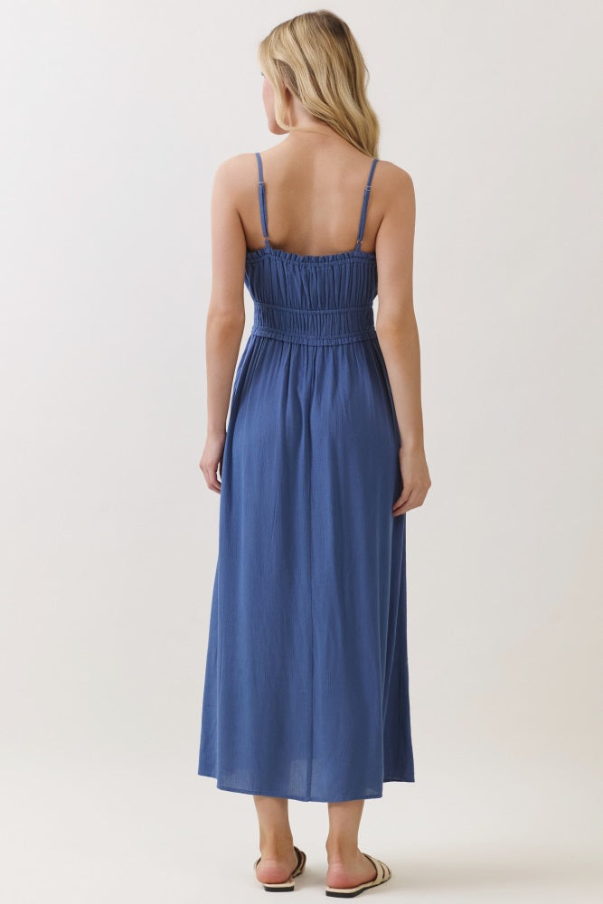 Denim Blue Solid Smocked Maxi Dress