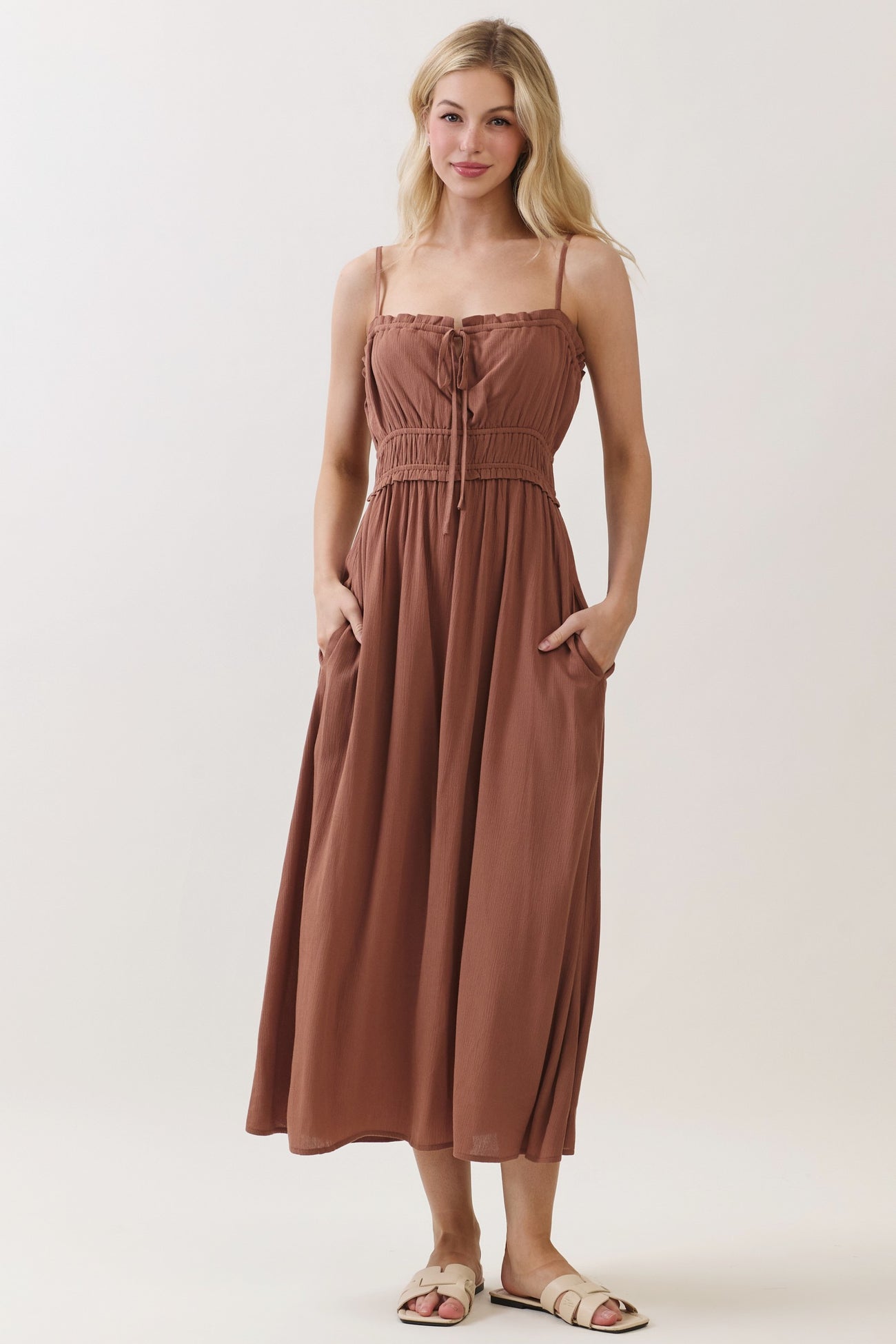 Brown Solid Smocked Maternity Maxi Dress