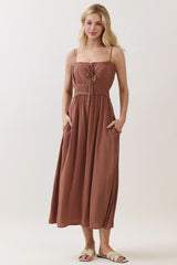 Brown Solid Smocked Maternity Maxi Dress