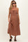 woman wearing a brown maternity maxi dress with spaghetti straps and an adjustable waist, styled with sunglasses