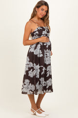 Brown Floral Tie Back Maternity Midi Dress