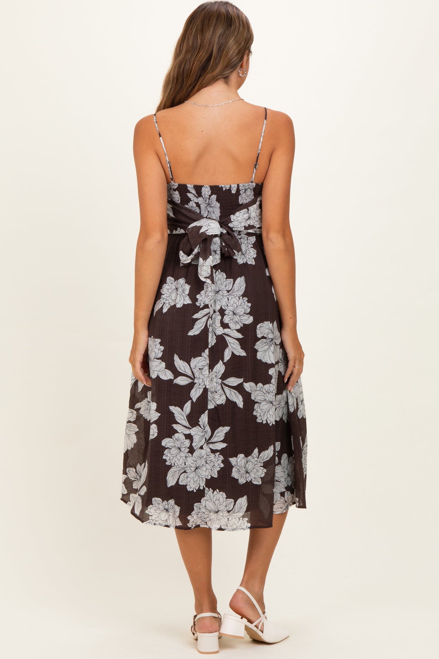 Brown Floral Tie Back Maternity Midi Dress