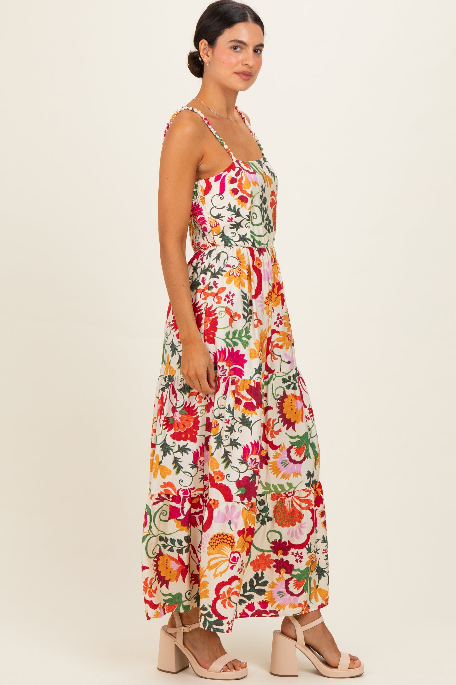Cream Floral Tiered Midi Dress