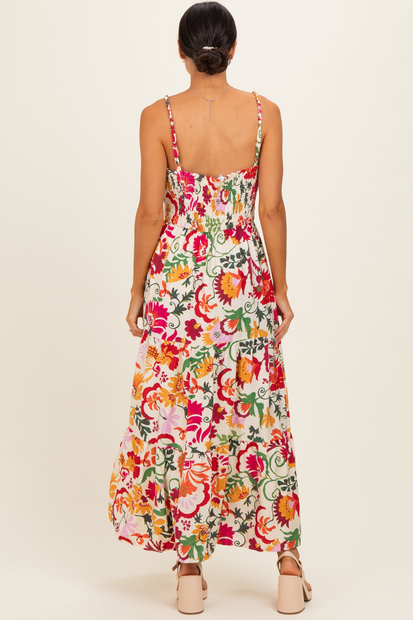 Cream Floral Tiered Midi Dress