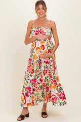 Cream Floral Tiered Maternity Midi Dress