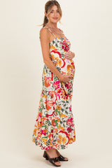 Cream Floral Tiered Maternity Midi Dress