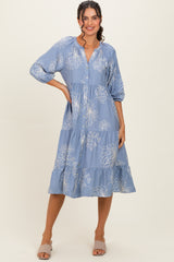 Blue Embroidered Tiered Maternity Midi Shirt Dress