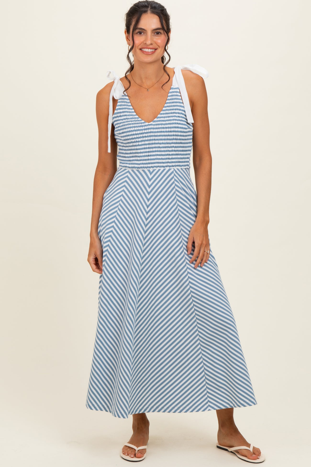 Light Blue Striped Smocked Shoulder Tie Maternity Midi Dress