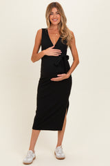 Black Sleeveless Wrap Maternity Midi Dress