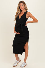 Black Sleeveless Wrap Maternity Midi Dress