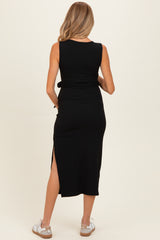 Black Sleeveless Wrap Maternity Midi Dress