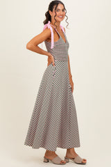 Olive Striped Smocked Shoulder Tie Maternity Midi Dress