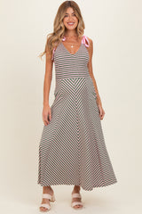 Olive Striped Smocked Shoulder Tie Maternity Midi Dress