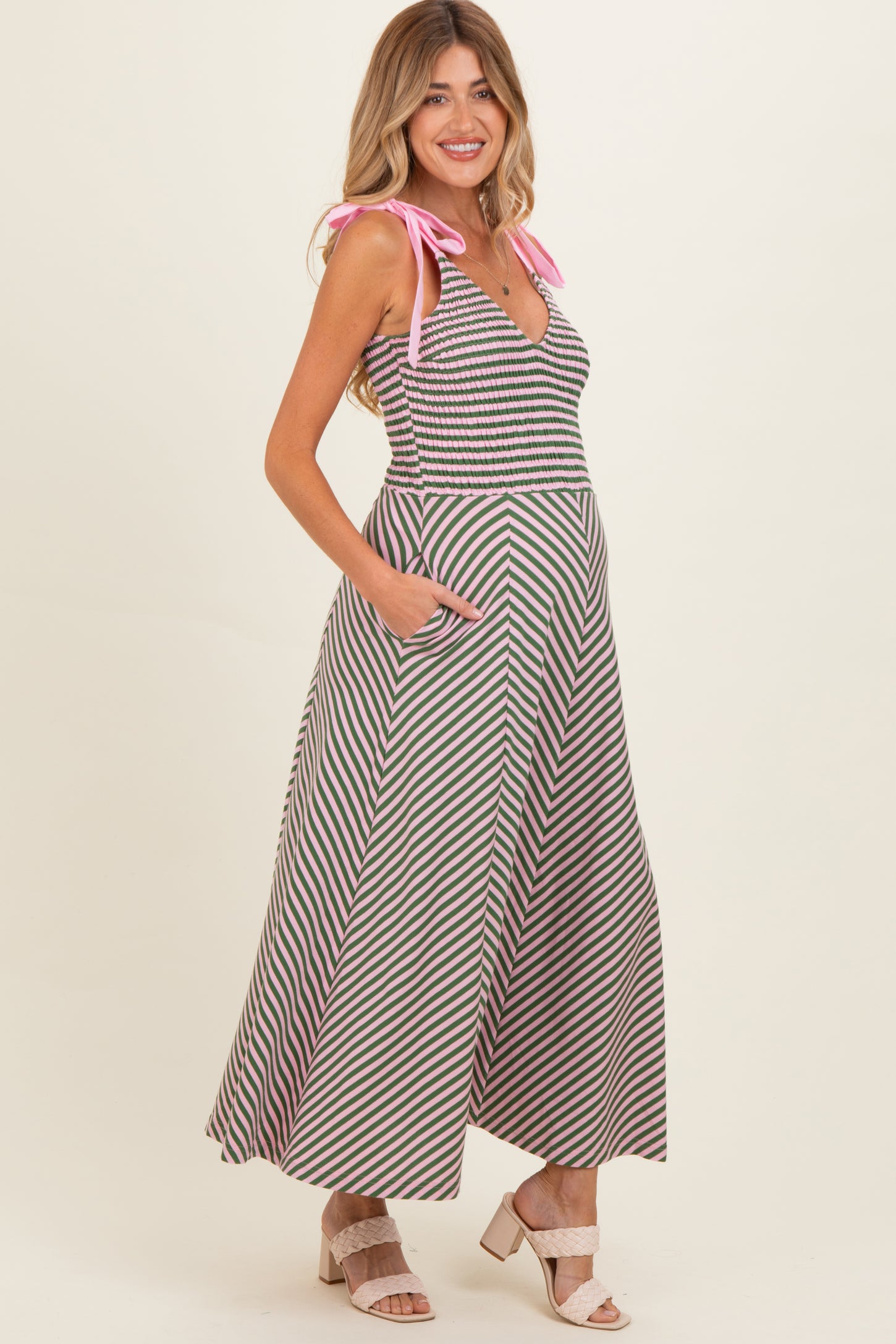 Olive Striped Smocked Shoulder Tie Maternity Midi Dress