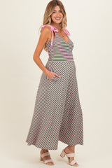 Olive Striped Smocked Shoulder Tie Maternity Midi Dress