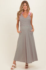 Olive Striped Smocked Shoulder Tie Maternity Midi Dress