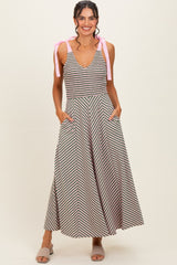 Olive Striped Smocked Shoulder Tie Midi Dress