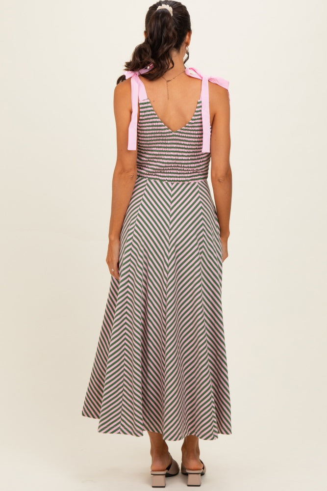 Olive Striped Smocked Shoulder Tie Midi Dress