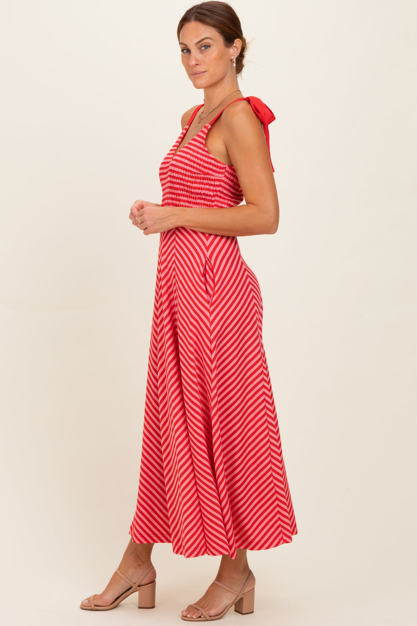 Red Striped Smocked Shoulder Tie Midi Dress