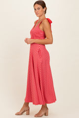 Red Striped Smocked Shoulder Tie Midi Dress