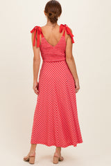 Red Striped Smocked Shoulder Tie Midi Dress