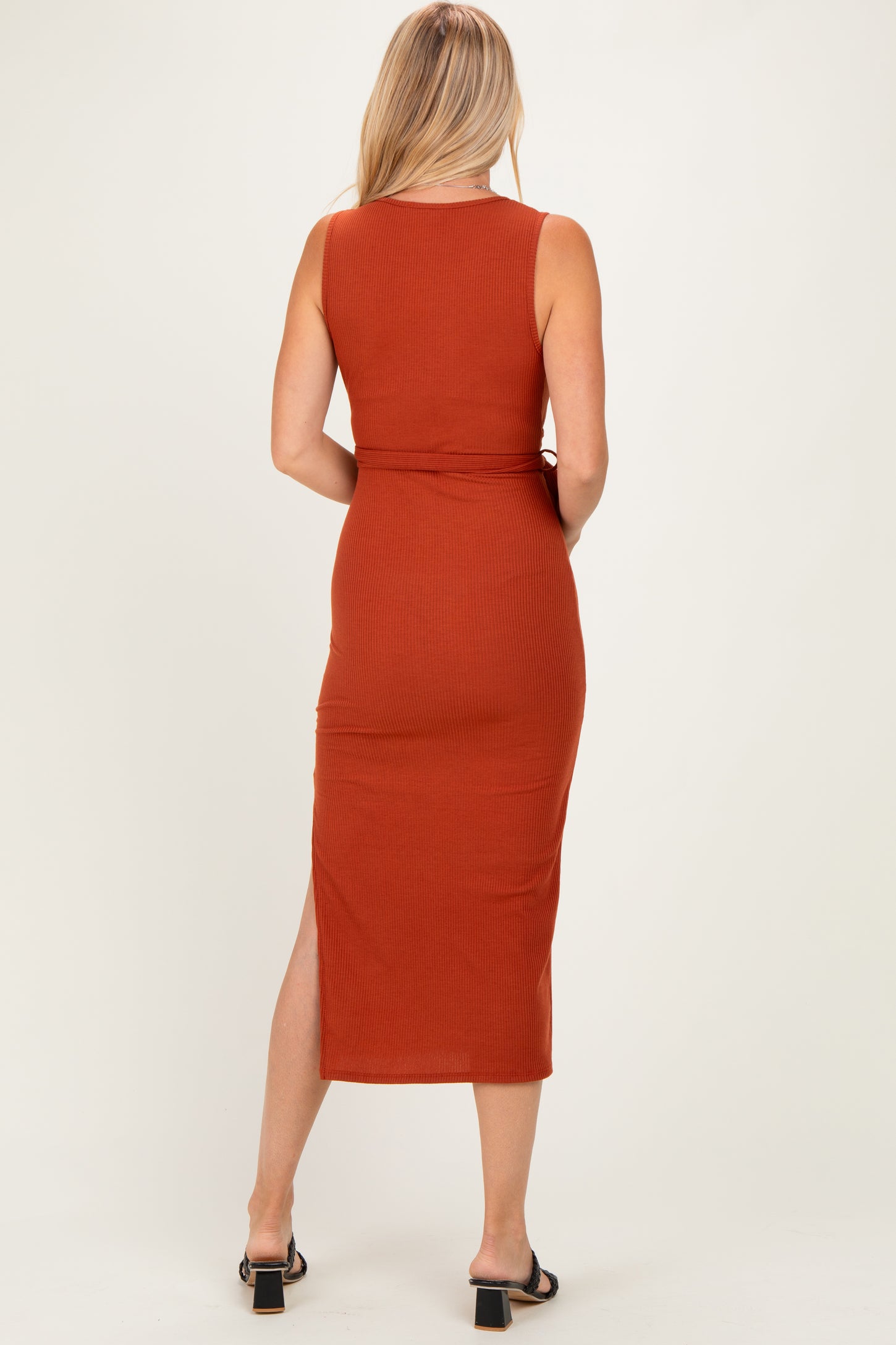 Rust Sleeveless Wrap Midi Dress