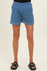 Light Blue Embroidered Trim Maternity Shorts