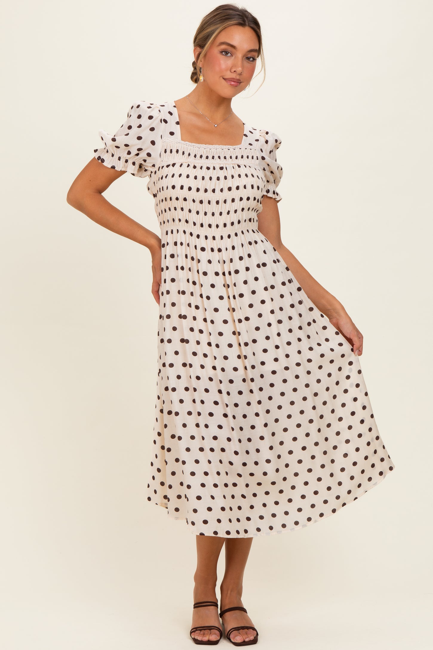 Ecru Polka Dot Smocked Midi Dress