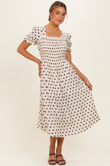 Ecru Polka Dot Smocked Midi Dress