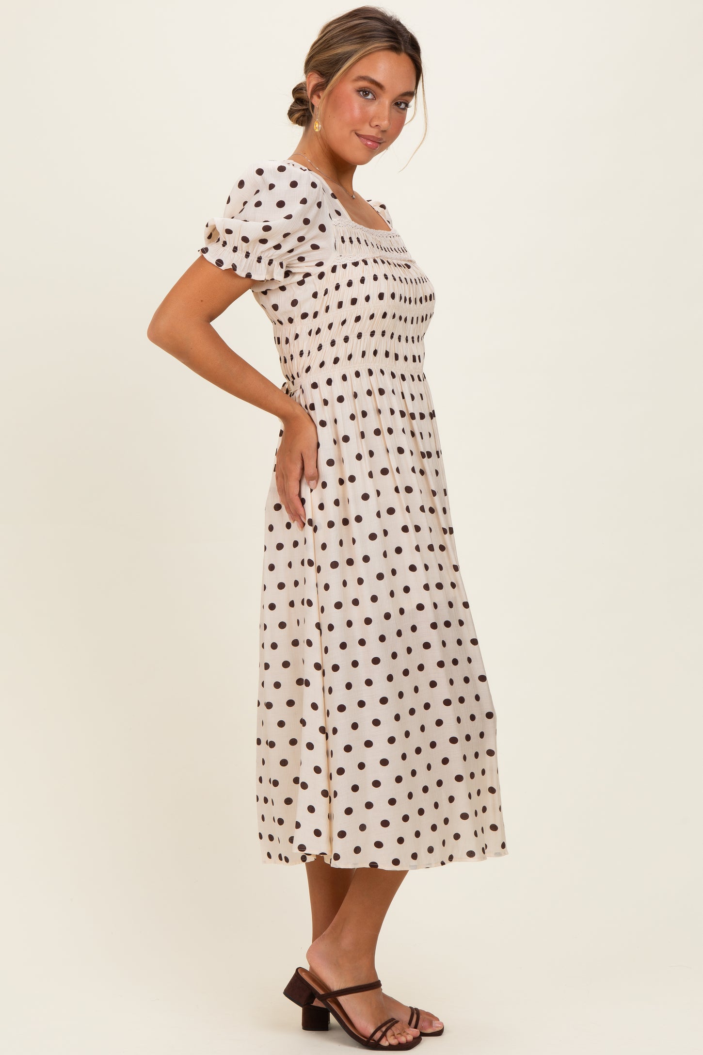 Ecru Polka Dot Smocked Midi Dress