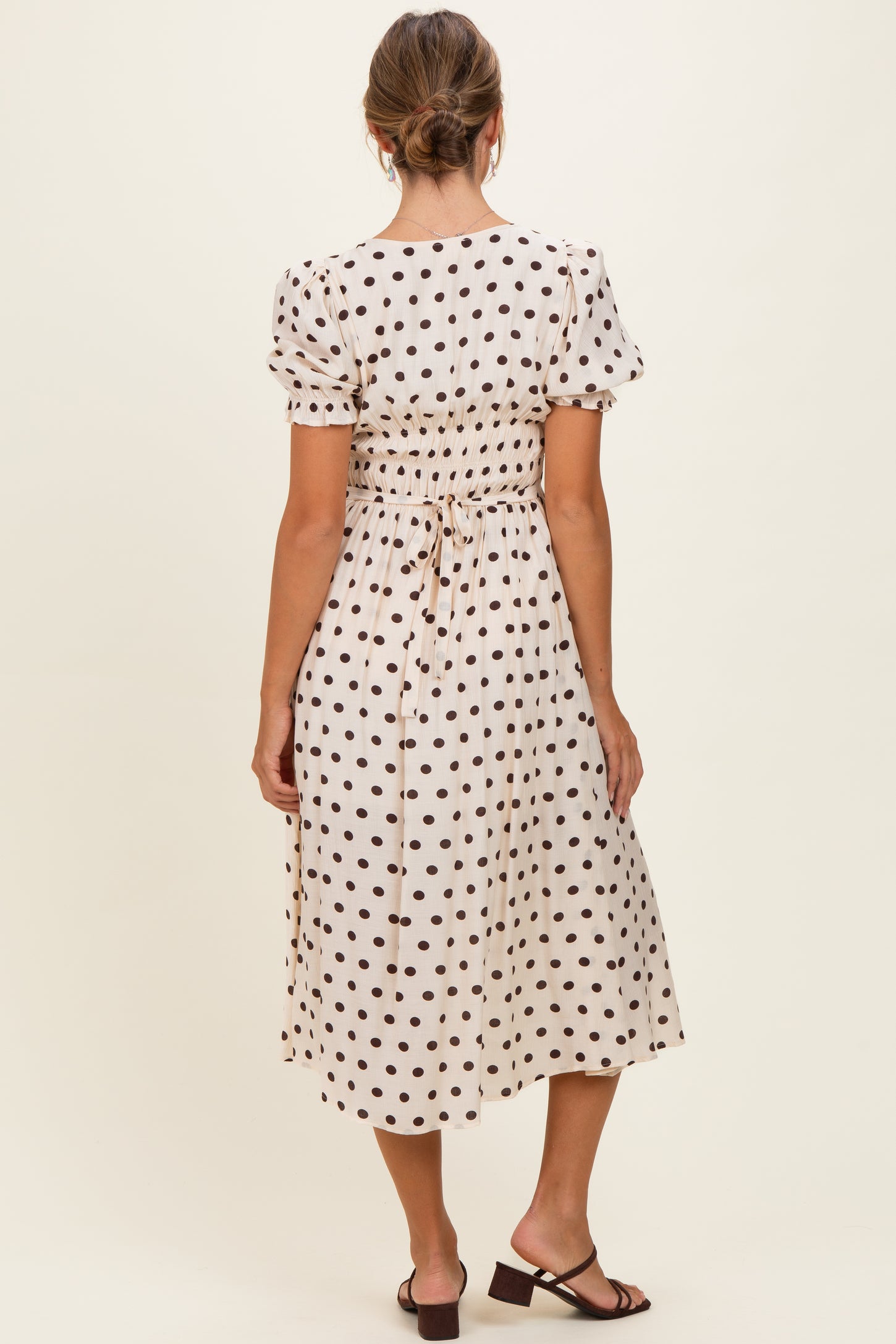 Ecru Polka Dot Smocked Midi Dress