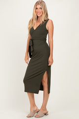 Olive Sleeveless Wrap Midi Dress