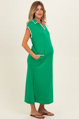 Green Stitch Detail Collared Maternity Midi Dress