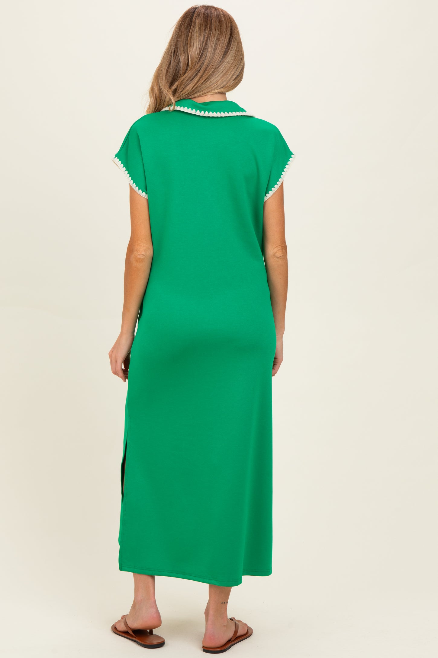 Green Stitch Detail Collared Maternity Midi Dress