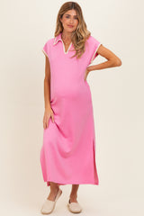 Pink Stitch Detail Collared Maternity Midi Dress