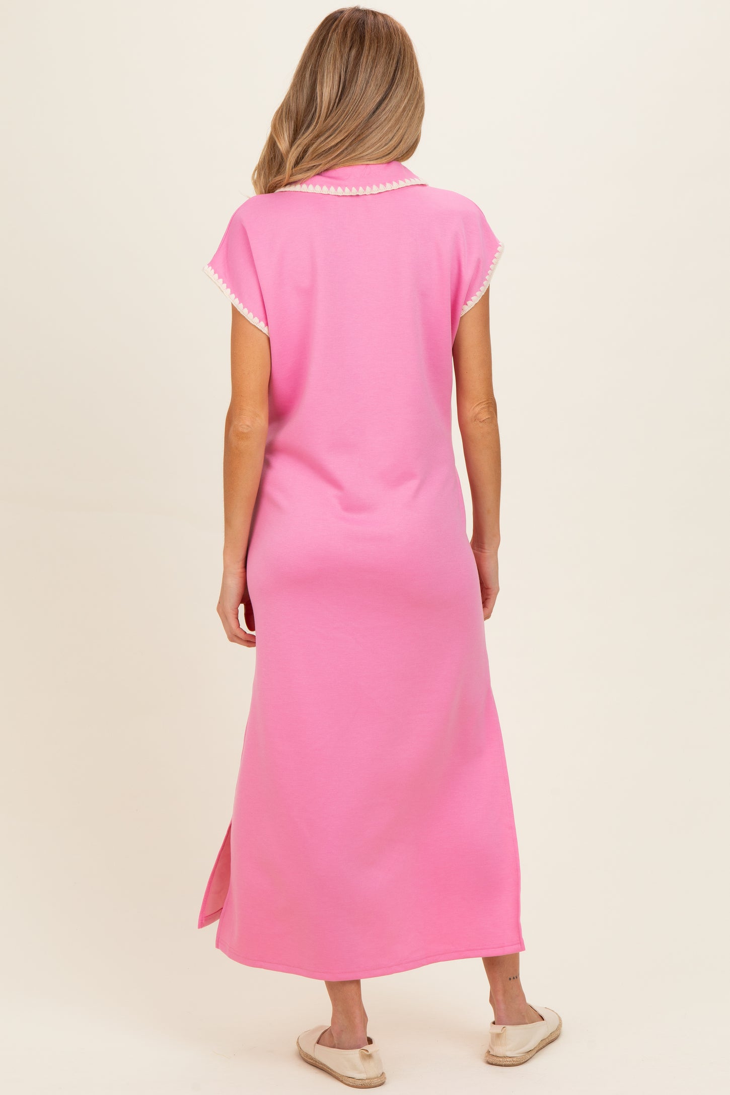 Pink Stitch Detail Collared Maternity Midi Dress