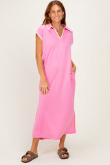 Pink Stitch Detail Collared Maternity Midi Dress