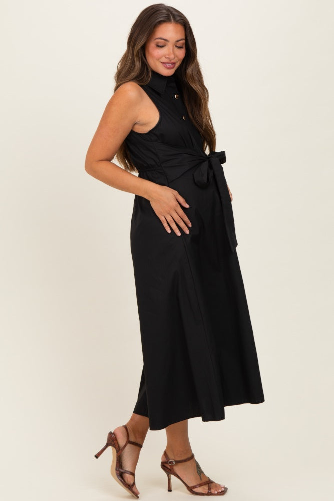 Black Button Up Sleeveless Maternity Midi Dress